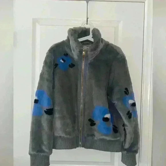 Andrew Marc L Bomber Jacket New York Women's Faux Fur Grey Floral Blue - Picture 4 of 10